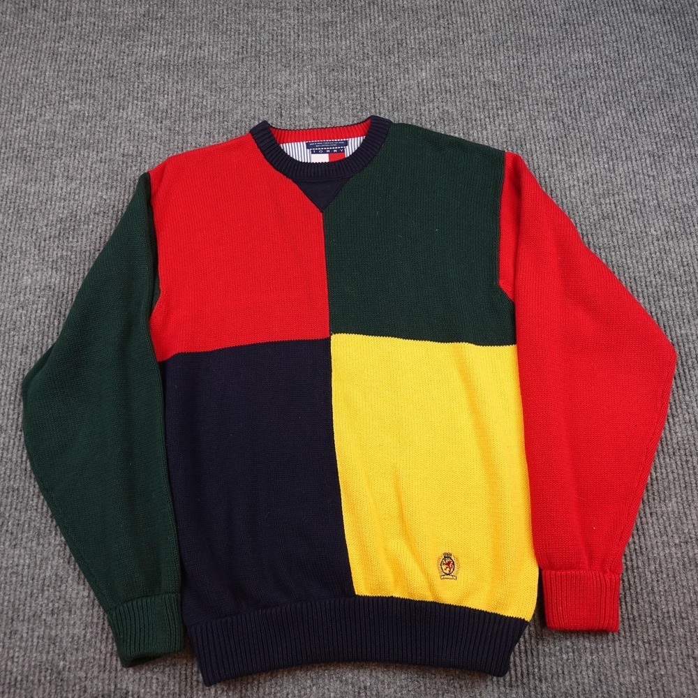 Vintage Tommy Hilfiger Sweater Mens Medium Cotton Colorblock Crewneck Knit